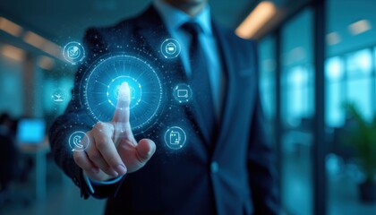 Fototapeta premium Businessman in formal suit touches glowing digital interface in modern office. Virtual touch screen displays icons for global communication, networking. Manager uses innovative tech solutions to