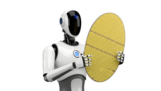 Advanced Artificial Intelligence Robot Examining A Large Silicon Wafer Disc Representing Future Semiconductor Manufacturing Technology Innovations