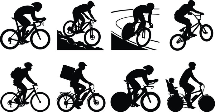 Cycling sports disciplines urban commuting and bicycle delivery service vector icon set black silhouette isolated on white background