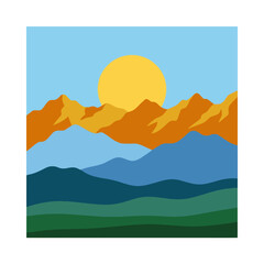 Fototapeta premium A vibrant flat illustration of a golden sun over mountains