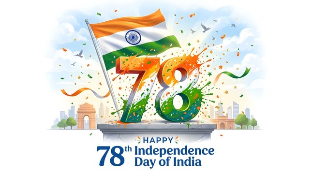 India's 78th independence day celebration vibrant illustration with flag monument festive elements