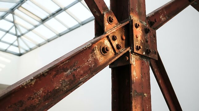 Rusty steel beam connection, industrial structure detail