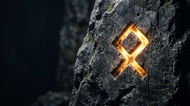 Ancient rune symbol glowing with orange fire etched into rough stone surface in dark cave environment mysterious ancient writing concept.