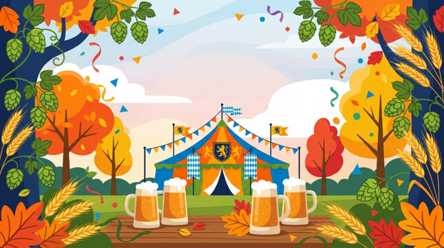 Autumn festival, Oktoberfest celebration, colorful fairground, beer garden scene