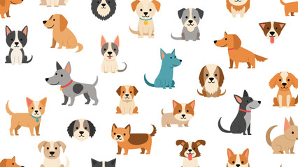 Fototapeta premium Seamless pattern displays a diverse collection of colorful cartoon dog breeds on a white background creating a fun texture for pet design.