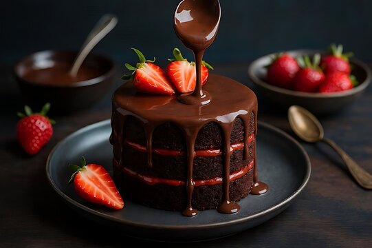 Gourmet Chocolate Layer Cake with Melted Ganache Drizzle and Fresh Strawberries