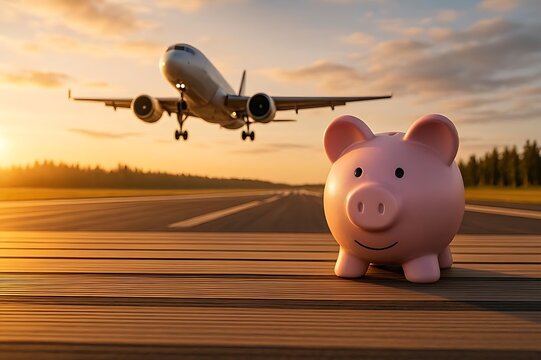 Pink Piggy Bank on Runway with Commercial Airplane Taking Off at Sunset