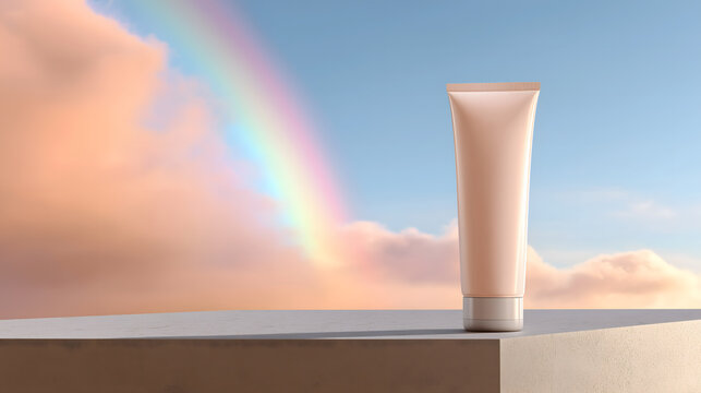 Cosmetic cream tube mockup with rainbow and clouds on pastel sky background