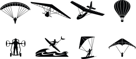 Extreme air sports hang gliding paragliding and wind powered water recreation vector icon set black silhouette isolated on white background © MSTJOSNA