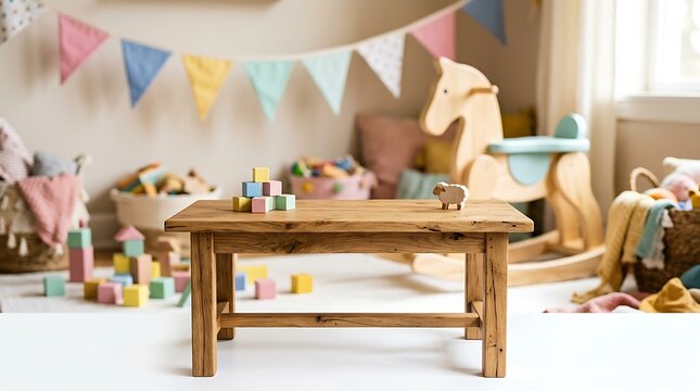 Baby playing with blocks on wooden table in nursery