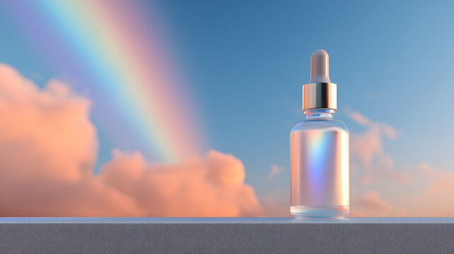 Cosmetic serum dropper bottle mockup with rainbow and clouds on pastel sky background