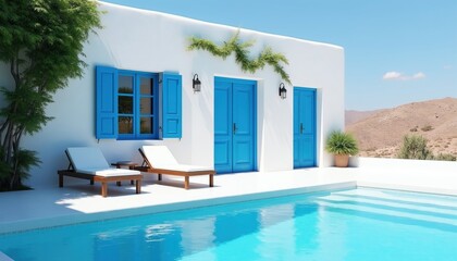 Fototapeta premium White villa facade with bright blue doors, window shutters sits by sparkling swimming pool. Mediterranean resort terrace features wooden sun loungers under sunny sky. Exterior house design displays