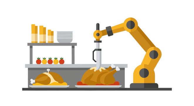 Automated Robotic Arm Carving Roasted Turkey in Commercial Kitchen, Future Food Technology and Industrial Automation Concept Illustration