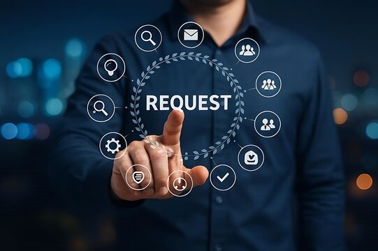 Businessman Touching Virtual Reality Screen with Online Service Request Button