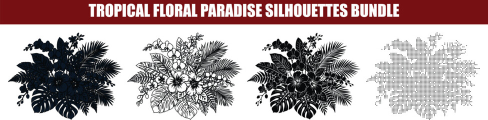 Fototapeta premium Tropical floral silhouettes in a lush arrangement during daylight isolated on white background