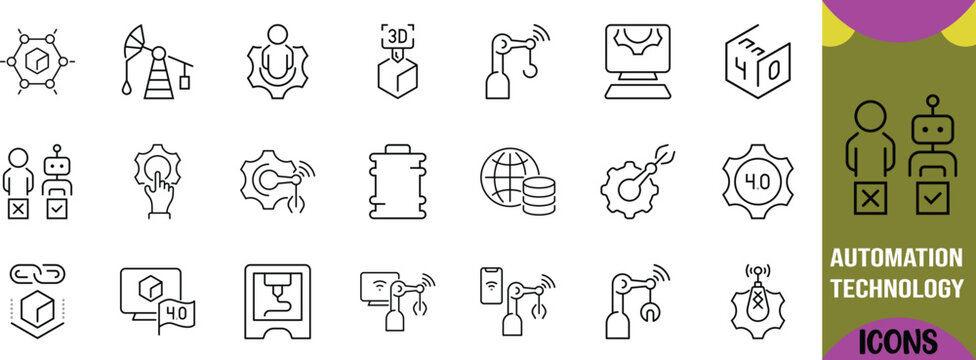 Modern industrial automation technology icons. robotic arm icon set, 3d printer icon set, robot icon set