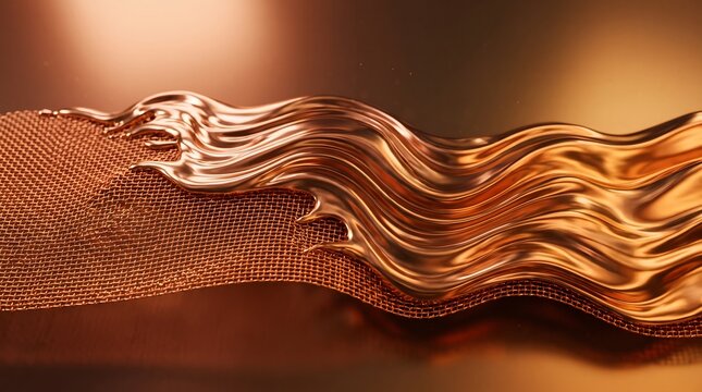 Molten copper flowing over metallic mesh abstract industrial texture