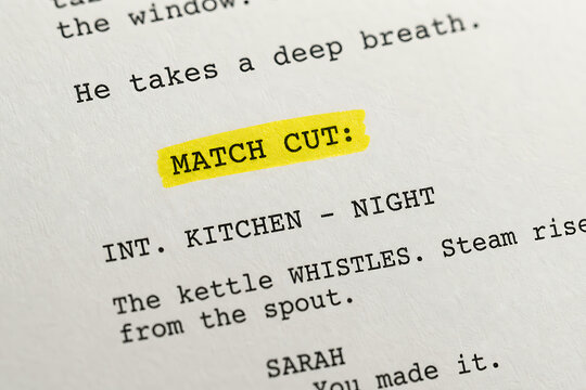 Highlighted match cut on a film script. Screenplay text with editing notes. Movie draft.