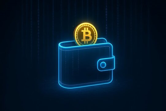 Glowing Neon Blue Digital Wallet Storing Golden Bitcoin Crypto Currency Coin