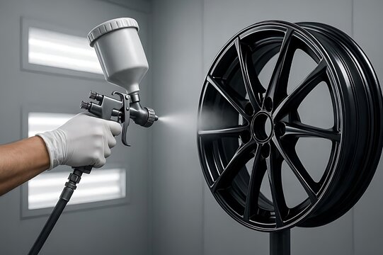 Professional Auto Body Painter Spraying Gloss Black Finish on Car Alloy Wheel