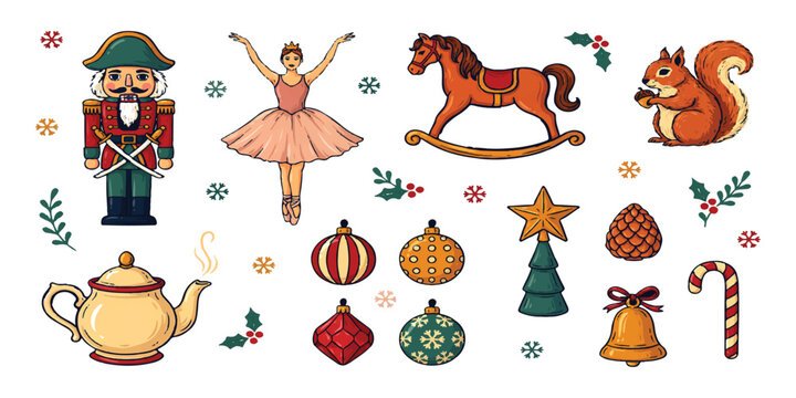 Set of colorful hand drawn christmas nutcracker ballerina horse and holiday decoration elements