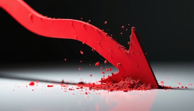 Red arrow points down, scattering powder. Symbolizes financial loss, economic recession, market decline, and negative growth. Represents business failure and a downward trend.