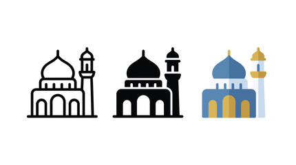 Fototapeta premium Set of three mosque building icons in line art solid black and flat color styles Vector