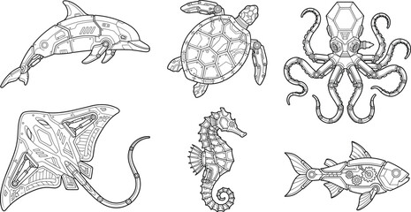 Mechanical robotic sea creatures vector line art illustration set featuring steampunk dolphin turtle octopus stingray seahorse and fish © Fajle