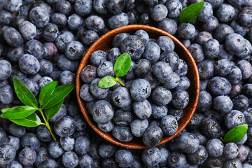 Fresh ripe blueberries in bowl and green leaves on berries, top view © New Africa