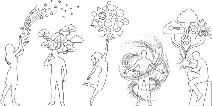 Psychology mind concept and self growth vector line art illustration showing human consciousness meditation logic and imagination
