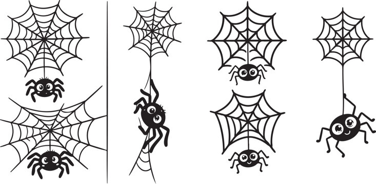 Cute cartoon spiders hanging from spiderwebs collection with halloween arachnid illustration decoration character isolated seasonal silhouette creature collection