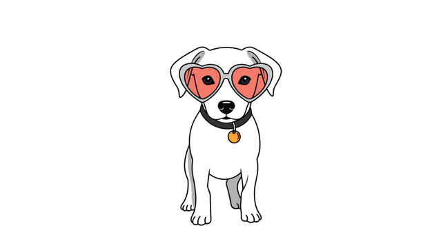 Cute white puppy wearing stylish heart shaped sunglasses with a red tint sitting calmly for a fashionable animal portrait.