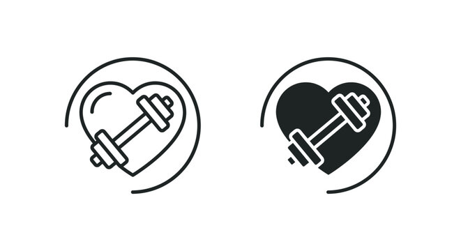 Heart with barbell weightlifting icon set for healthy lifestyle and fitness logo design.