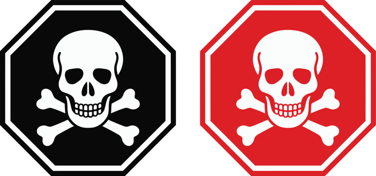 Skull and crossbones danger warning signs set in black and red octagonal shapes vector illustration