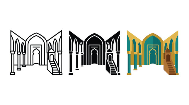 Set of mosque interior icons including line art silhouette and colorful illustration Vector
