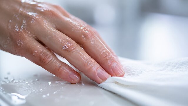 Macro of wet hands touching a white paper towel