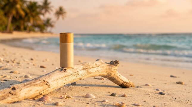 Eco-friendly deodorant on driftwood at tropical beach