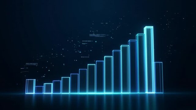 Digital visualization illustrating strong business growth. Ascending blue bar graphs symbolize financial success and market progress in an abstract, futuristic data environment