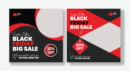Super offer black friday big sale social media post templates with striking red and dark background, featuring 30 percent off badge and room for product visuals, great for online retail advertising © Nusrat