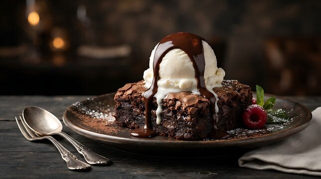 Warm Chocolate Fudge Brownie Topped with Vanilla Ice Cream and Chocolate Sauce