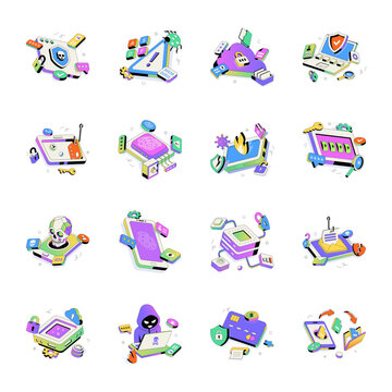 Flat cybersecurity illustrations featuring digital protection, cloud security, authentication, hacking, payment security, phishing, secure devices, and data privacy concepts. 

