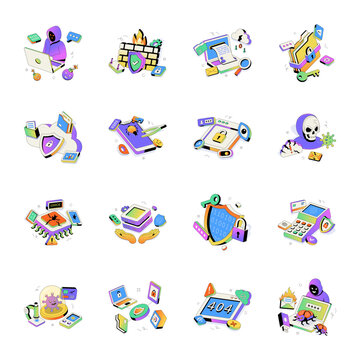 Flat illustrations showing secure file transfer, firewall defense, privacy, malware protection, encryption, cloud storage, endpoint security, error handling. 


