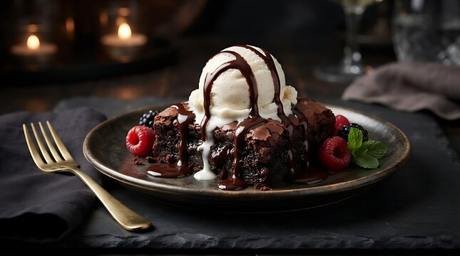 Decadent Chocolate Fudge Brownie Topped with Vanilla Ice Cream and Fresh Berries