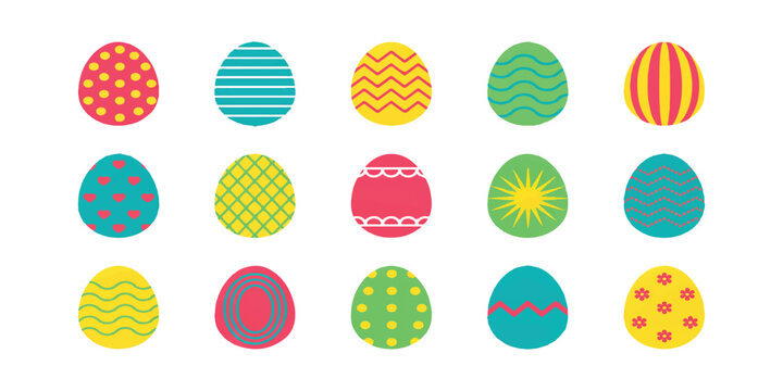 Set of colorful patterned easter eggs with various festive designs and bright spring colors