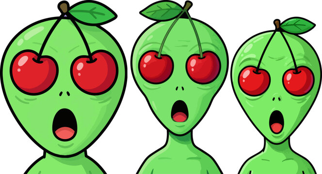 Alien faces, green extraterrestrial characters, surprised expressions, cherry eyes, vector illustrations