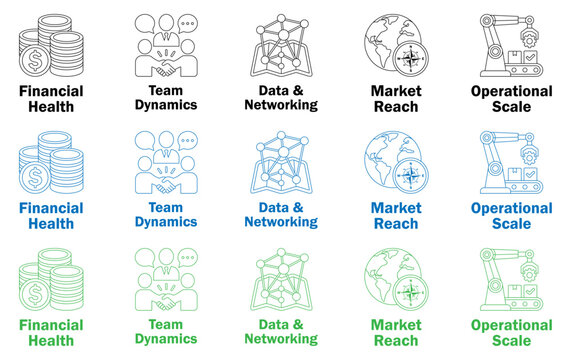 Business strategy icon set for financial, business, growth, networking, market and operations. Modern symbols for dashboards, presentations, reports and mobile applications.