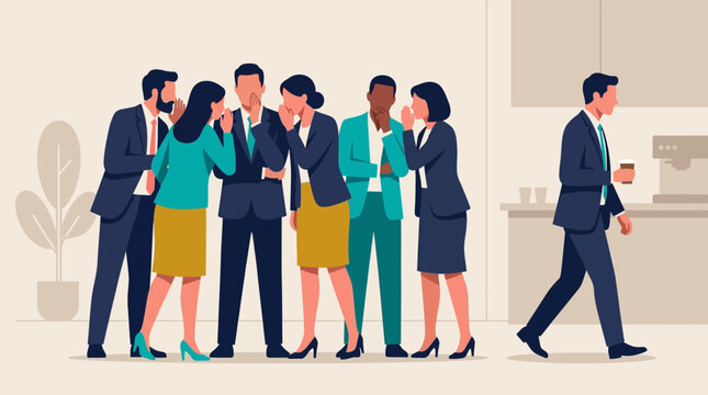 A lone businessman walks away from a group of colleagues whispering and gossiping, illustrating themes of workplace exclusion and negative office dynamics.