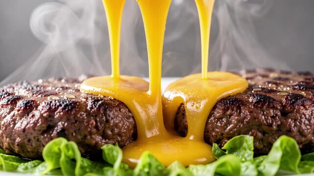 Melted Cheese Pouring Over Juicy Burger Patty.