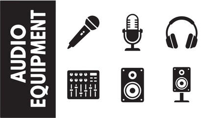 Black and white audio equipment icons including microphone, headphones, mixer, and speakers on white background © SHAHZAD