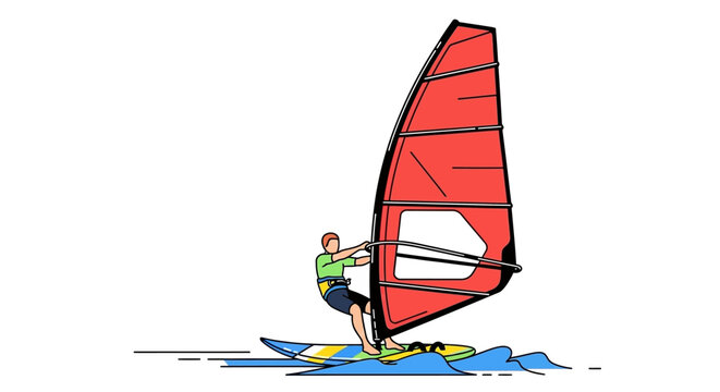 Windsurfer on water with colorful sail and board flat vector silhouette windsurfing sailing ocean sea